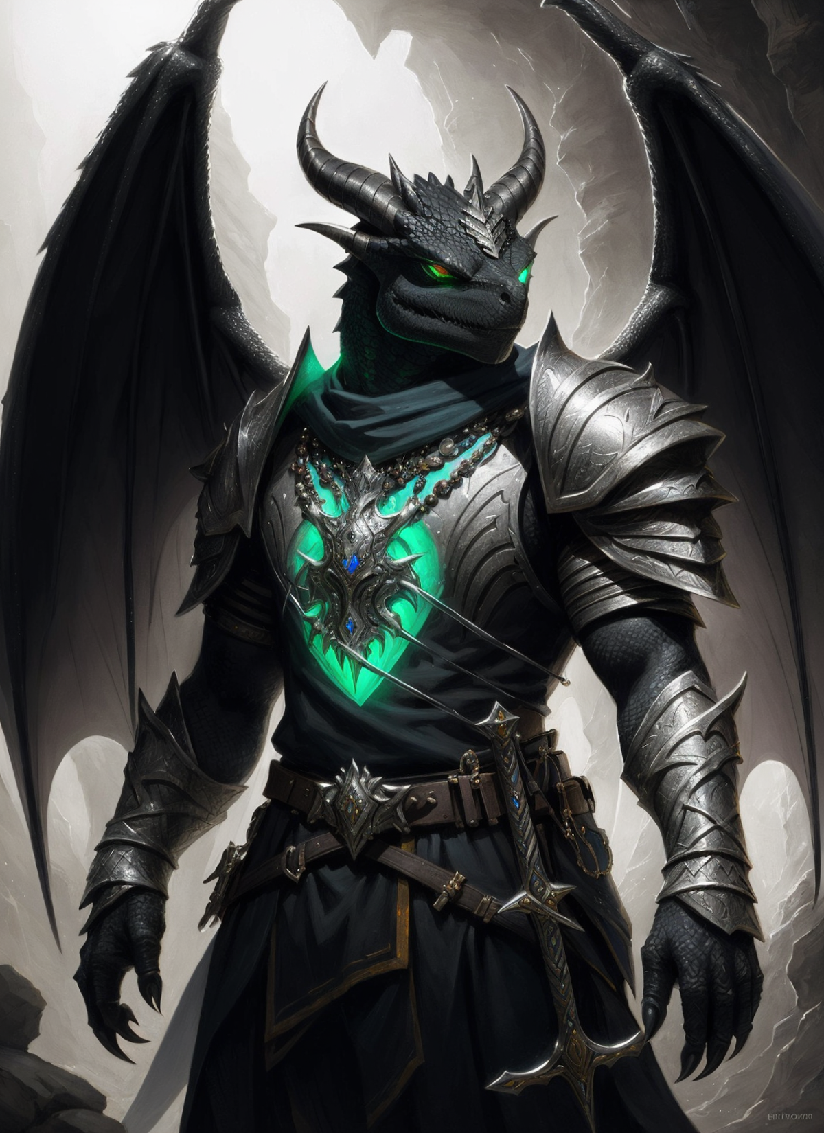 22072229-4161553119-black dragonborn, solo, male, jewelry, closed mouth, green eyes, male focus, wings, horns, belt, sword, necklace,  armor, glowin.png